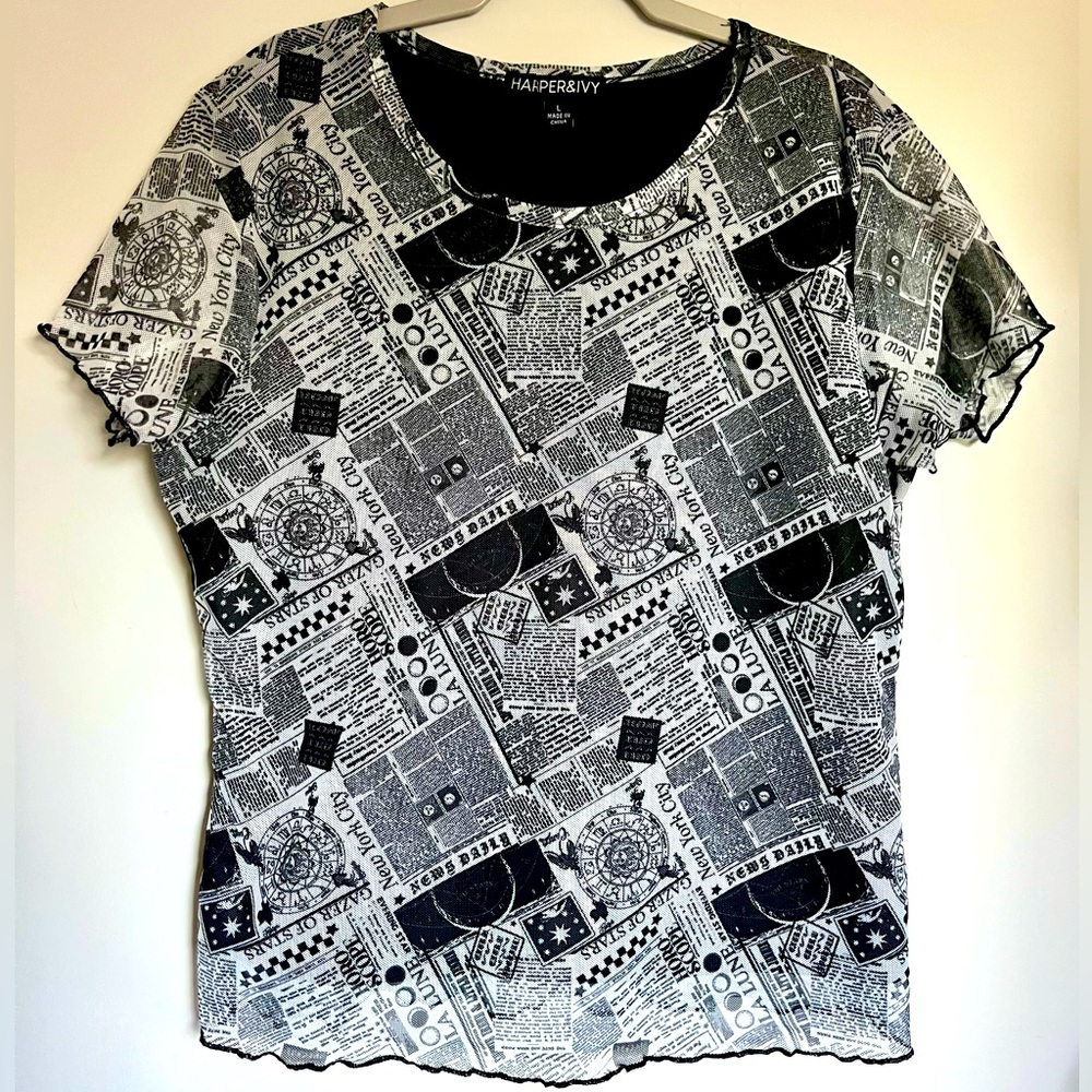 Harper & Ivy Newspaper Print Mesh Sheer Layered Short Sleeve Baby Tee Size Large